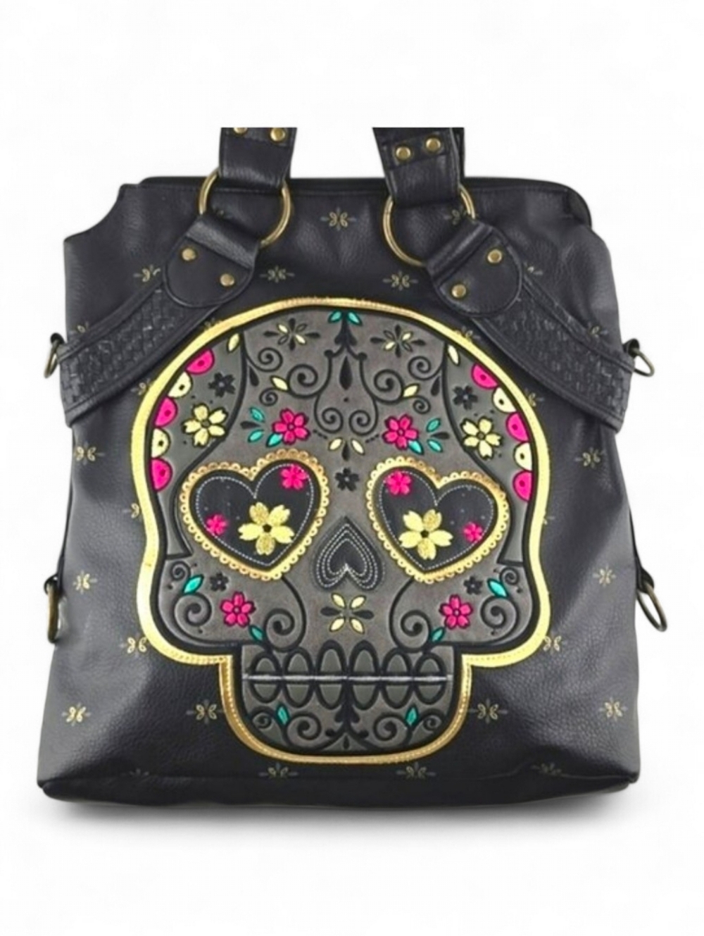 Loungefly Women's Sugar Skull Day of the Dead Large Black Faux Leather Bag Pink